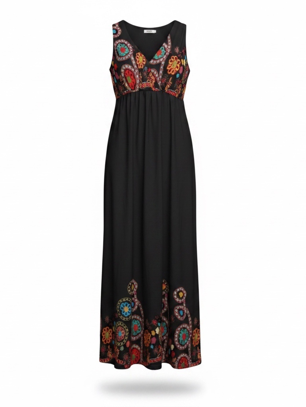 Dily Women's XL Black Boho Maxi Dress Colorful Floral Paisley Sleeveless V-Neck